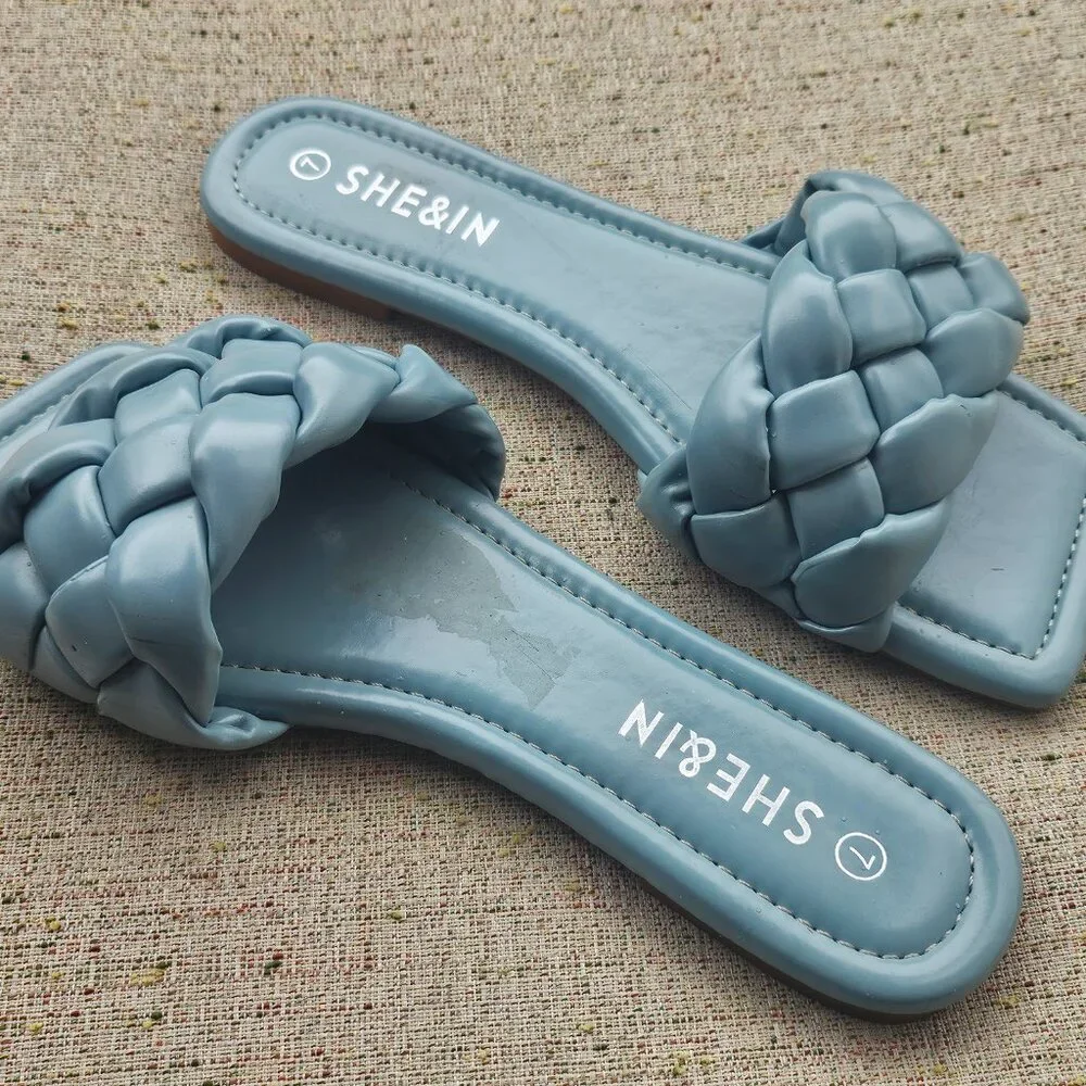 SHE&IN Women's Flat Braided Strap Slipper Blue Faux Leather Sandal Shoe Size 7 - Picture 7 of 9